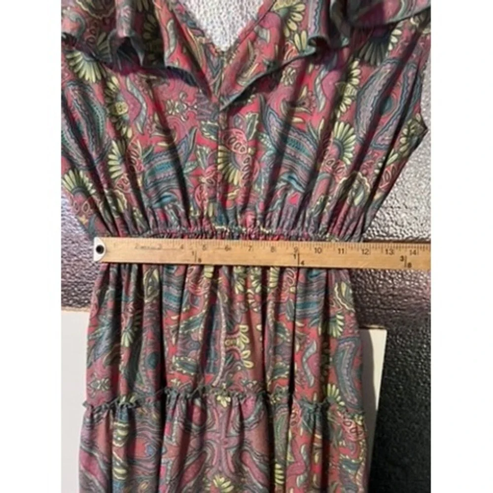 Boemo Pink Teal Paisley Ruffle Tiered Maxi Dress Boho Tassel Back Womens Medium‎